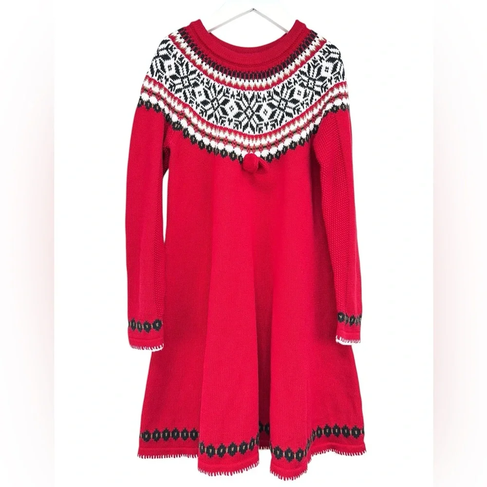 Hanna Andersson Red Black Fair Isle Sweater Dress 100% Combed Cotton Yarns
